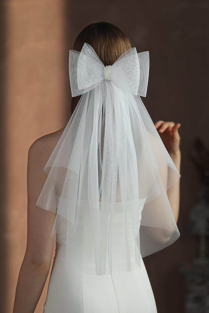 Two-tier Cut Edge Tulle Waist Veils with Bow CV0376 - COCOMELODY